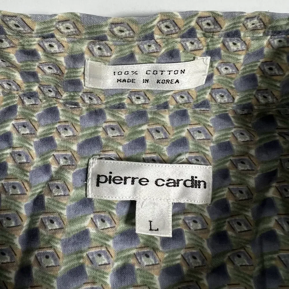 Pierre‎ Cardin Men's Green/Blue/Beige Geometric Woven Cotton Button-Up SS L 48